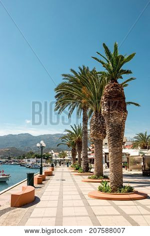 Sitia, Crete, Greece - June 11, 2017: The Pictursque Port Of Sitia, Crete, Greece. Sitia Is A Tradit