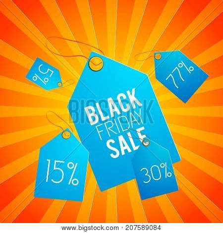 Light blue black friday sale tag set with percentages orange stripes background vector illustration