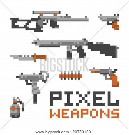 Pixel art game style weapons isolated vector set