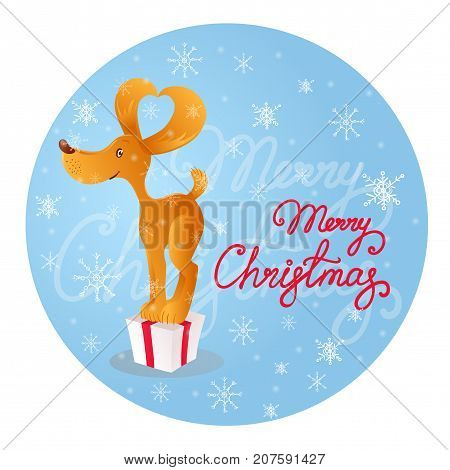 Vector illustration in cartoon style of a cute smiling yellow dog standing on the gift box. Blue background with white snowflakes and red lettering Merry Christmas.
