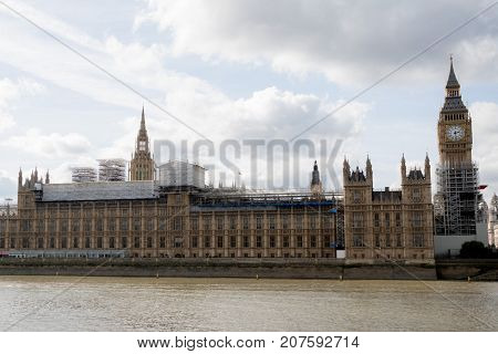 London, 28th September 2017:- The Palace of Westminster, home to the British Parliament with scaffolding due to renovation work on the UNESCO world heritage site.