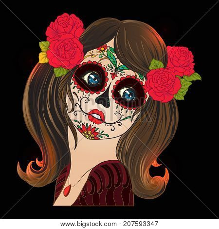 Portrait of a young beautiful girl in Halloween or Day of the Dead make up on black background.  Stock line vector illustration.