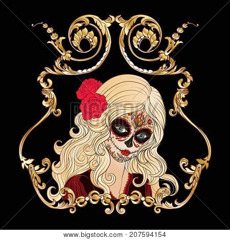 Portrait of a young beautiful girl in Halloween or Day of the Dead make up on black background in gold decorative frame.  Stock line vector illustration.