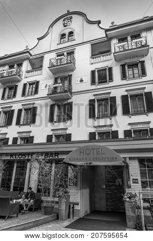 Interlaken Switzerland - May 26 2016: Interlaken Hotel where lived such as the English poet Lord Byron and German composer Felix Mendelssohn in Interlaken Switzerland. Black and white photography.