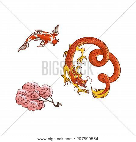 Asian japan, china oriental symbols concept set. Red dragon without wings, traditional koi carp, sakura branch with blooming flowers. Isolated flat vector illustration on a white background.