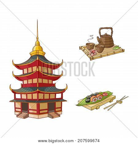 vector flat asian japan, china oriental symbols concept set. traditional pagoda building, sushi with ginger, wasabi and kettle with caps for tea ceremony. Isolated illustration on a white background.