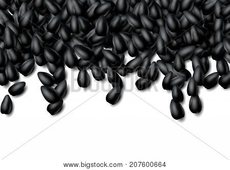 Sunflower seeds background with heap of scattered black grains