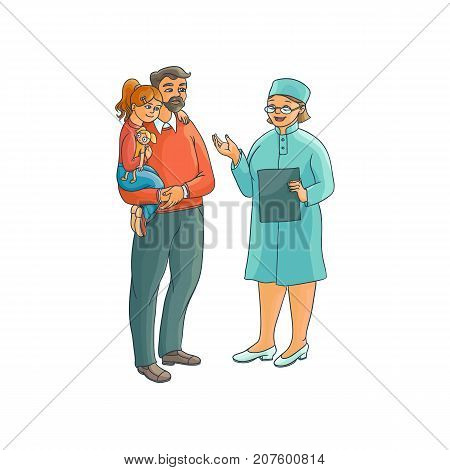 vector flat female doctor wearing medical clothing holding clipboard giving the information to man father hloding teen girl kid with toy in hands. Isolated illustration on a hite background.