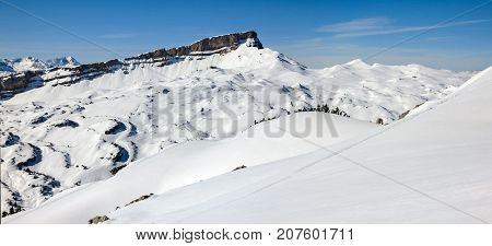 Snow mountains winter landscape on sunny day. Allgaeu Alps, Ifen, Bavaria.