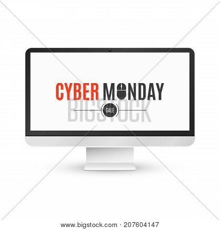 Modern LCD monitor on a white background with an inscription cyber Monday sale. Isolated on white background. Computer mouse. Vector illustration
