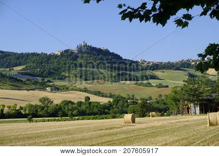 Summer landscape along the road from Lunano to Urbania (Montefeltro Pesaro Urbino Marches Italy). View of Peglio