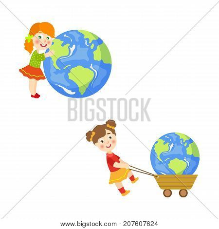 Vector children saving earth planet set. Flat happy girl hugging earth planet, child pulling earth in cart. Isolated illustration on white background.