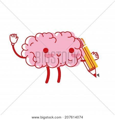 kawaii happy brain with pencil tool vector illustration