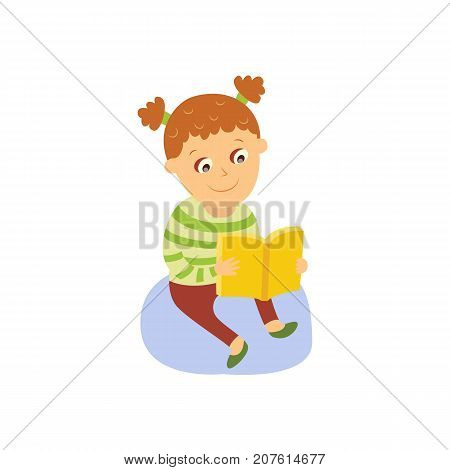 Little girl reading a book, sitting on the floor, flat, comic style cartoon vector illustration isolated on white background. Cartoon little girl sitting on the floor with thick book, reading
