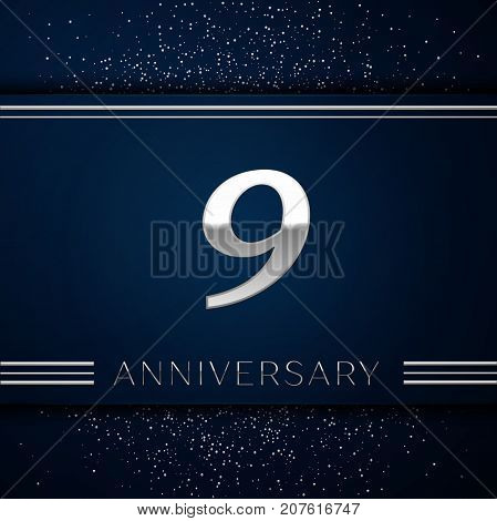 Realistic Nine Years Anniversary Celebration Logotype. Silver numbers and silver confetti on blue background. Colorful Vector template elements for your birthday party
