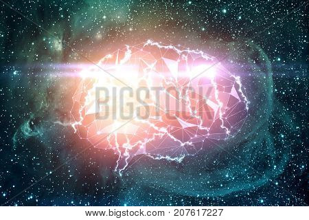 Abstract digital polygonal brain on space backdrop. Artificial intelligence and innovation concept. 3D Rendering