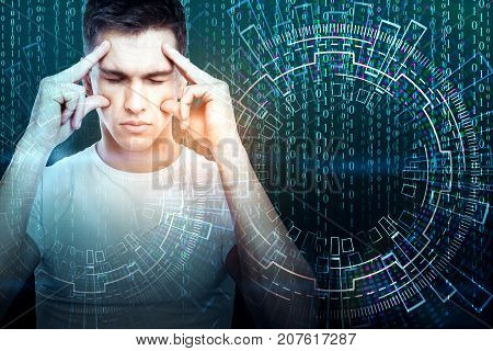 Pensive young businessman on abstract blue background with binary code stream. Science concept. Double exposure