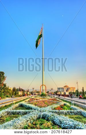 Tajikistan flag on the second tallest in the world flagpole. Central Park of Dushanbe