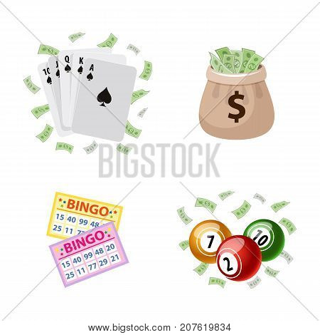 Gambling symbols - bingo cards and kegs, playing cards and jackpot money bag, vector illustration isolated on white background. Bingo board game, lotto - cards and kegs, playing cards, jackpot money