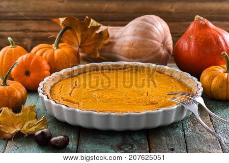 Homemade open pumpkin pie for Thanksgiving dinner served with decorative pumpkins chestnuts and dry marple leaves closeup