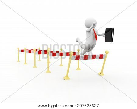 Businessman failing to jump over a hurdle obstacle. 3d render