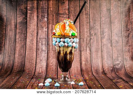 Chocolate Freakshake With Meringue, Chocolate, Biscuits, Marshmallows And Sweets