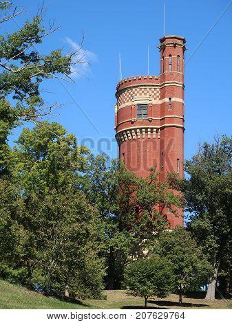 The handsome brick 172 foot Water Tower located in Eden Park in Cincinnati Ohio dates from 1894 and is now used by the city as a communication facility.