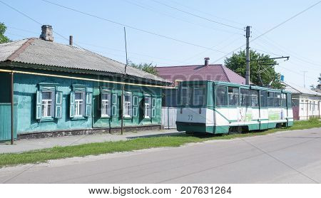Tram on the streets of the city Konotop.. Sumy region Ukraine