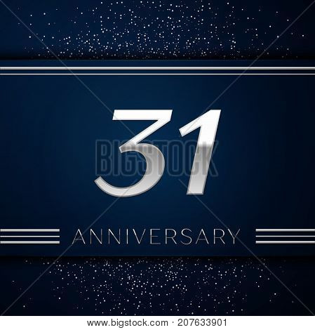 Realistic Thirty one Years Anniversary Celebration Logotype. Silver numbers and silver confetti on blue background. Colorful Vector template elements for your birthday party