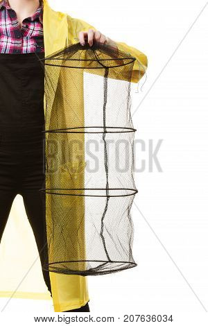 Happy Woman Holding Empty Fishing Keepnet