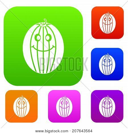 Ripe smiling melon set icon color in flat style isolated on white. Collection sings vector illustration