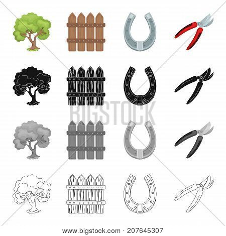 Fruit tree, wooden fence, horseshoe, farm tool secateurs. Farm and vegetable garden set collection icons in cartoon black monochrome outline style vector symbol stock isometric illustration .