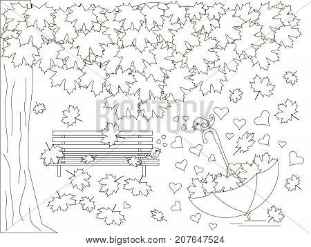 Monochrome romantic background with maple tree, bench, falling maple leaves, umbrella, lovebirds, coloring book anti stress stock vector illustration