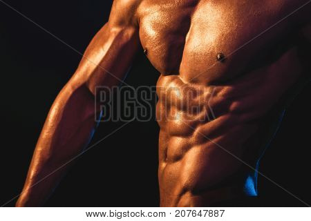 Chest, Arm And Abs Of Young Athlete Close Up. Strong Bodybuilder Shows His Body. Unrecognizable Stro