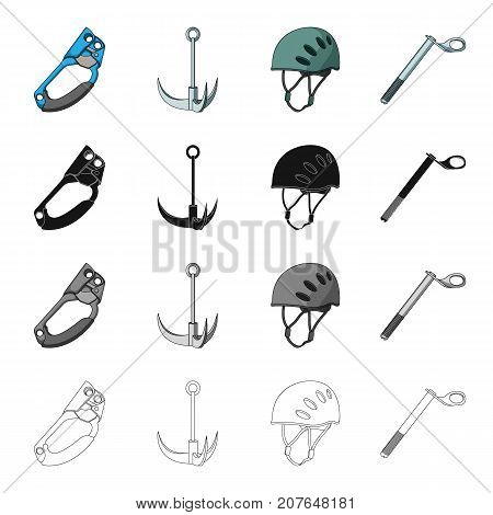 Climbing helmet, clamp, crampon, safety wedge. Climbing equipment set collection icons in cartoon black monochrome outline style vector symbol stock Isometric illustration .