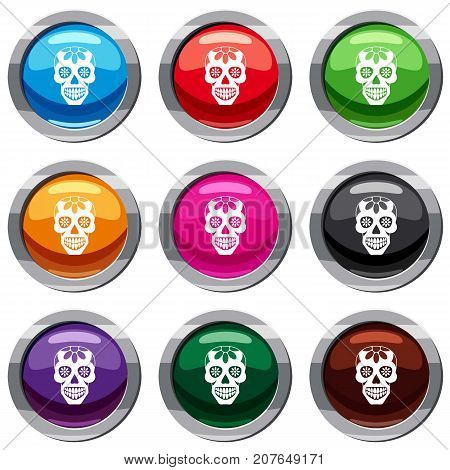 Sugar skull, flowers on the skull set icon isolated on white. 9 icon collection vector illustration