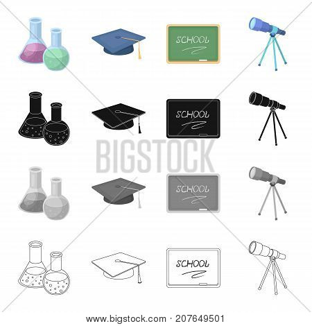 Chemical flasks, a scientist's hat, a school board, an astronomical telescope. School and learning set collection icons in cartoon black monochrome outline style vector symbol stock isometric illustration .