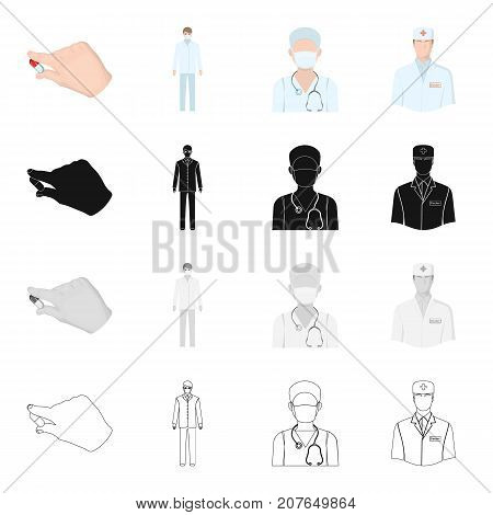 A medicine in hand, an orderly, a medical worker, a doctor with a phonendoscope. The medicine set collection icons in cartoon black monochrome outline style vector symbol stock isometric illustration .