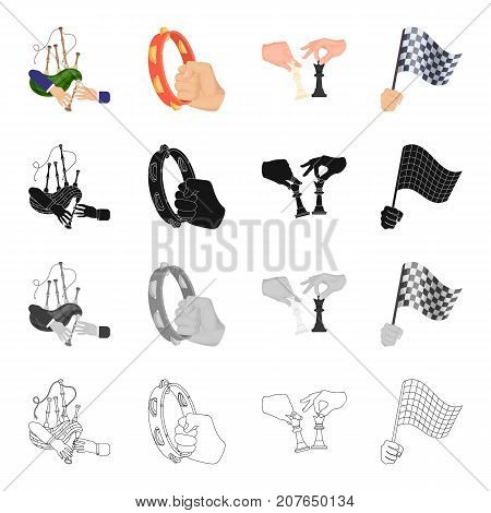 Playing on bagpipes, tambourine in hand, chess, sports flag in hand. Movement and manipulation set collection icons in cartoon black monochrome outline style vector symbol stock isometric illustration .