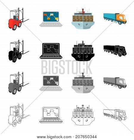 Loader, laptop, shipping by sea, truck. Logistics and delivery set collection icons in cartoon black monochrome outline style vector symbol stock illustration isometric .