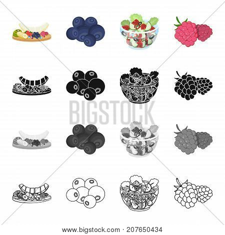 Cutting board with fruits, blueberries, raspberries, dessert, food, vegetable salad with vegetables. Fruit and dessert set collection icons in cartoon black monochrome outline style vector symbol stock isometric illustration .