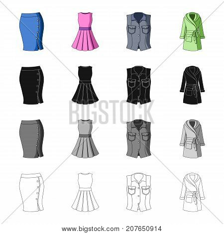 Women's skirt, short dress, clothing vest, warm robe. Women's clothing set collection icons in cartoon black monochrome outline style vector symbol stock illustration .