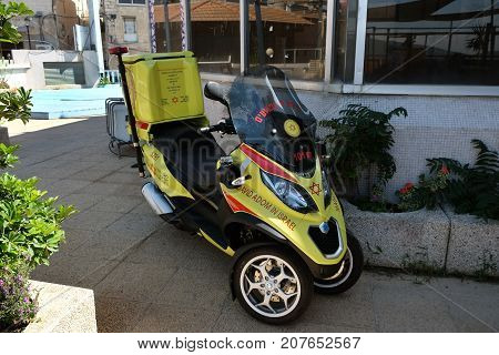 SAFED ISRAEL - SEPTEMBER 25 2017: Motor scooter medical service Magen David Adom