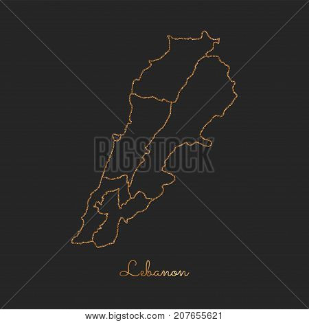 Lebanon Region Map: Golden Glitter Outline With Sparkling Stars On Dark Background. Detailed Map Of