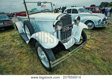 KYIV, UKRAINE - OCTOBER 2017: Vintage white car Ford a Phaeton at the 