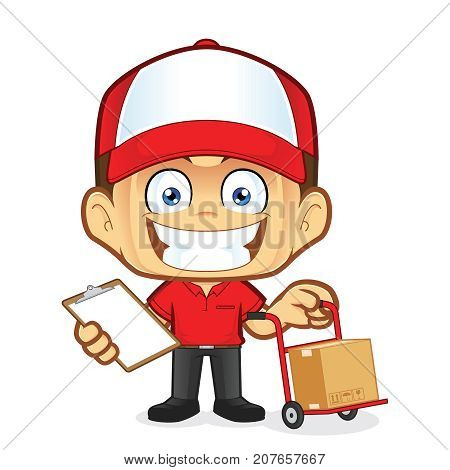 Clipart picture of a delivery man courier cartoon character holding a cart and clipboard
