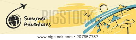 Black World And Airplane Logo With Text Summer Adventure. Vector