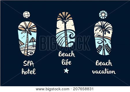 Set Of Vector Style Freehand Drawing Color Image With Palm Tree