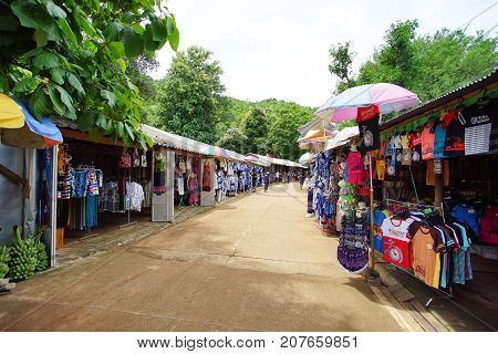 KANCHANABURI THAILAND - July 7 2017: Thai local market along the road to Krasae Cave or The Death Rail Way Kanchanaburi Thailand. July 7 2017