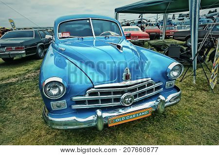 KYIV, UKRAINE - OCTOBER 2017: Soviet retro car blue GAZ-12 (ZIM) manufactured between 1949 and 1959 is presented at the 